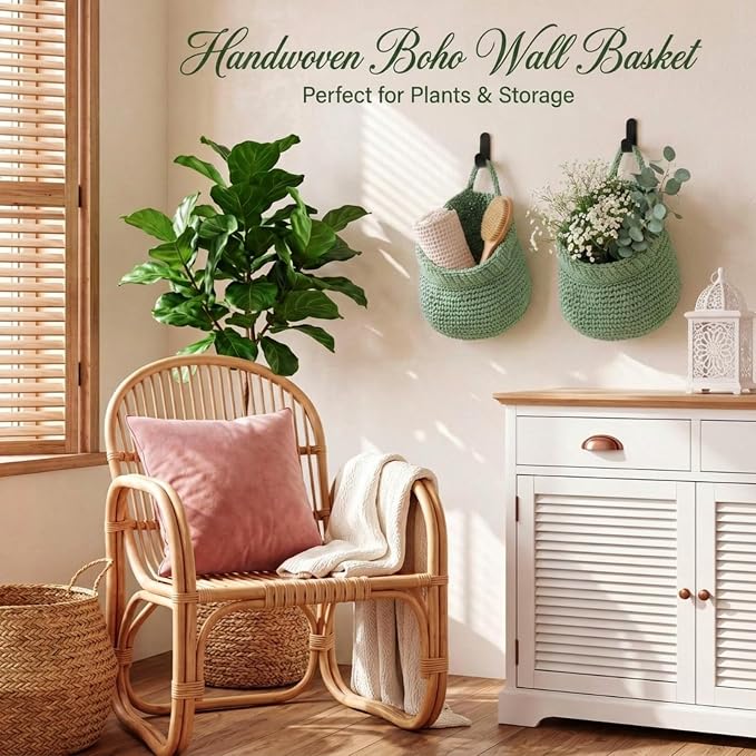 3 Hanging Baskets,Sage Green,Barrel,Cotton Rope | Wicker Wall Baskets with Hooks for Fruit Vegetable Onion Storage, Teardrop Organizer for Kitchen, Boho Farmhouse Decor