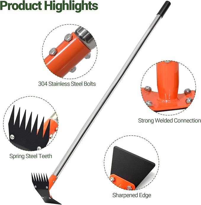 59 Inch One-Piece Handle 2-in-1 Garden Hoe and Weed Puller Tool | Weeding Tool Weed Rake Heavy Duty Spring Steel Head with Sand Texture Finish, Weed Remover for Garden, Yard, Lawn, Driveway