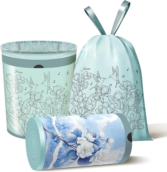 Jasmine Scented Small Garbage Bags,Trash Bags 4 gallon Drawstring For Bathroom,Office,Bedroom,Car,Suitable for 2-4 gallon trash can,colorful Print,Blue,50 Counts