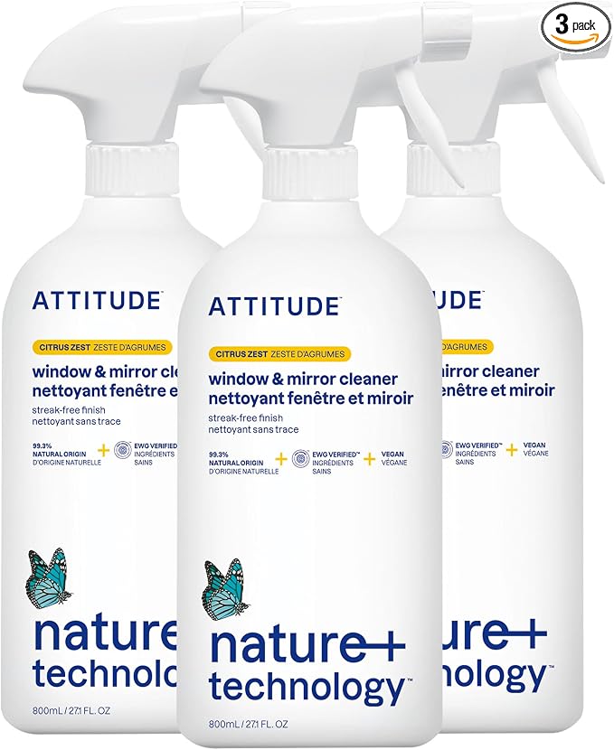 ATTITUDE Window & Mirror Cleaner, EWG Verified, Plant- & Mineral-Based, Vegan & Streak-Free Glass Spray, Citrus Zest Scent, 27.1 Fl Oz (Pack of 3)