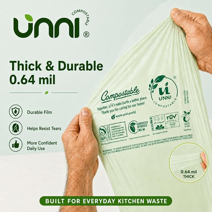 UNNI 1.6 Gallon Compostable Bags with Easy-Tie Handles, 6 Liter, 100 Count | Small Compost Bags for Countertop Bins & Kitchen Food Scraps, Certified by BPI, CMA & OK compost HOME, Meets ASTM D6400
