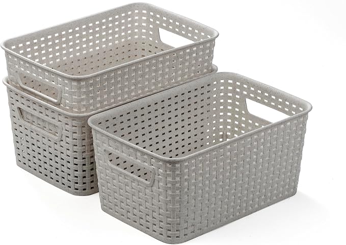 BINO | Plastic Storage Baskets, 5.5 Liter - 3 Pack, Natural Grey | THE WOVEN COLLECTION | Storage Basket for Shelves | Woven Storage Baskets for Organizing Bins Pantry Shelf Organizer | Container Bin
