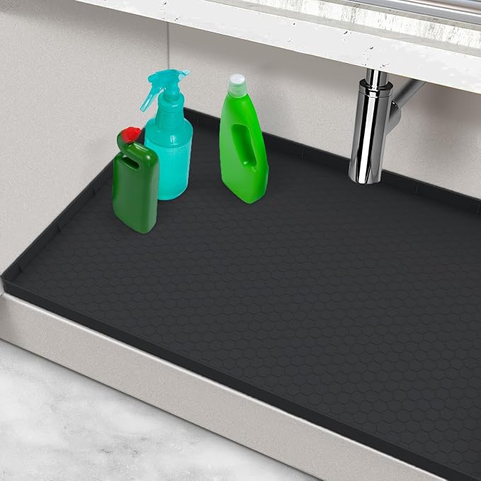 Under Sink Mats for Kitchen Waterproof 31" x 22", Silicone Under Sink Mat and Protectors, Under The Sink Organizer for Kitchen and Bathroom Black