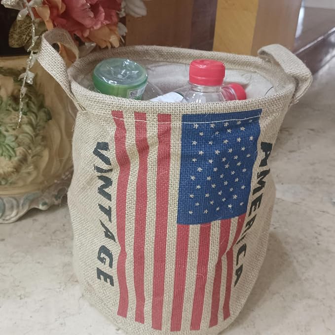 Burlap Waste Basket Vintage, Round Jute Organizer with Handles | Small Recycling Bin for Paper, Bottles & Cans, Rustic Home Office Decor, Patriotic American Flag Design, 10" Dia. X 12" H
