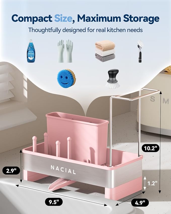 Nacial Kitchen Sink Organizer, Sink Caddy with Sponge & Tall Brush Holder | 304 Stainless Steel Kitchen Countertop Organizer with Double-Bar Towel Holder, Stores Sponge, Brush, Towel & Sink Essentials