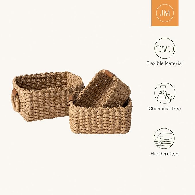 LA JOLIE MUSE Small Wicker Baskets for Organizing, Desert 3 Pack | Decorative Organizer with Vegan Leather Tag, Round Handle, Storage Baskets for Shelves, Bedroom, Kitchen, Office and Home