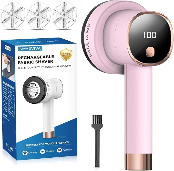 Rechargeable Fabric Shaver, 6-Leaf Blades, LED Display, 3 Speeds | Portable Lint Remover Easy to Remove Pilling, Fuzz & Lint Balls from Clothes, Sweater, Couch, Blanket, Furniture, Coat, Pink