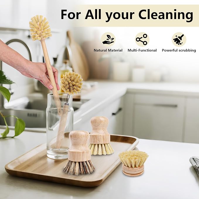 BOMUMVITA 5 Pack Bamboo Dish Brush Set with 14’’ Bottle Brush | Wooden Dish Brush with Natural Sisal & Palm Fiber, Natural Kitchen Scrub Brush for Dishes Pots, Pans, Sinks, Woks, Vegetables