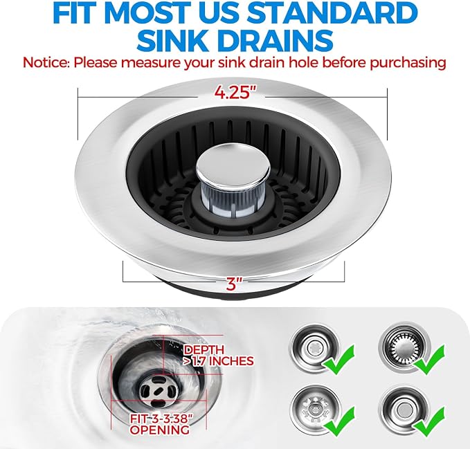 zaa 3 in 1 Kitchen Sink Drain Strainer Stopper Removable Basket Pop-Up | Kitchen Sink Accessories 1 Pack Black Stainless - Food Catcher, Odor-Blocking Seal, Fits 3.5" Drain, Easy Clean