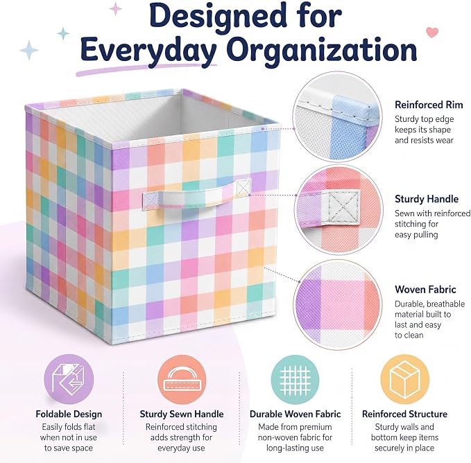 Chunful 6 Pcs 11 Inch Pastel Checked Fabric Storage Cube Bin Woven Foldable Gingham Storage Cube for Classroom Basket Bin Organizer with Handle Decor for Organizing Clothes, Toy, Book