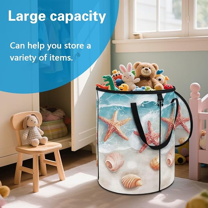 Foldable Trash Bag with Lid and Handles 24 Gallon Large Capacity Collapsible Garden Leaf Bin Reusable Waster Bags for Camping Outdoor Picnics Beach Starfish Print