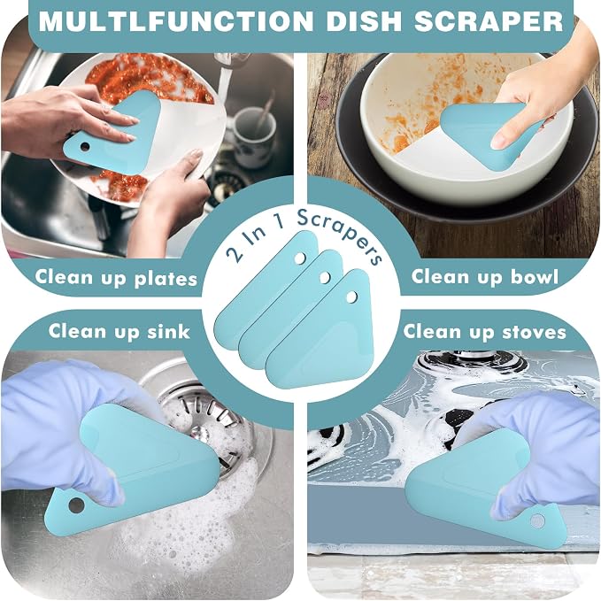 Food Scraper Dish Scraper for Cast Iron Skillets, Cookware, Pans and Pots | Nylon and Silicone, 2-in-1 Kitchen Scraper Tools, Pan Scraper, Heat resistant to 140 ℉, 3 Pack, Blue