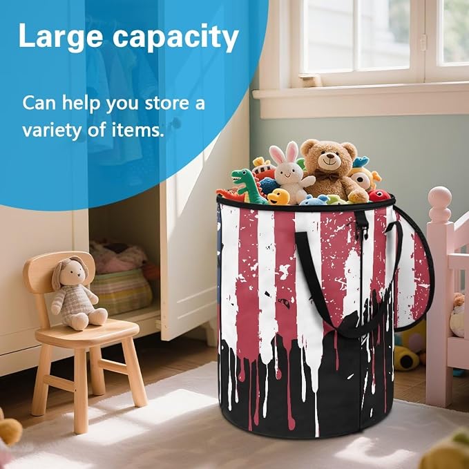Retro American Flag Collapsible Trash Can 24 Gallon Foldable Garbage Bin with Lid, Heavy Duty Waterproof Trash Bag Holder for Outdoor Camping, RV, Picnic, Vintage Patriotic Design