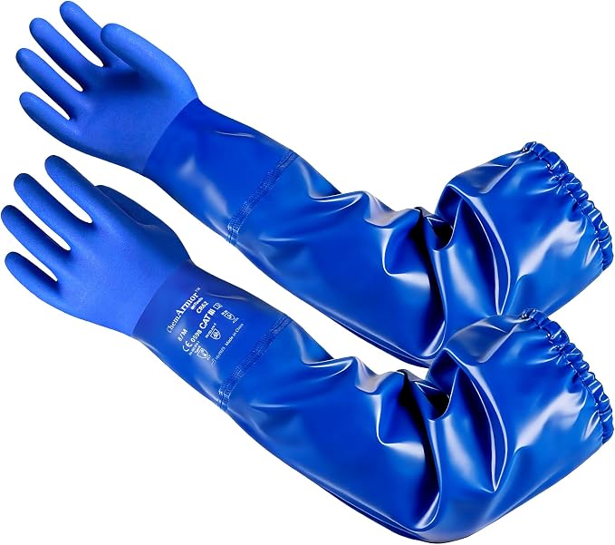 AnTools 25" Heavy-Duty PVC Chemical Gloves, Waterproof Long-Sleeve Work Gloves with Cotton Liner and Non-Slip Grip, for Lab, Pool Cleaning, Oil, and Industrial Work, Blue, Medium