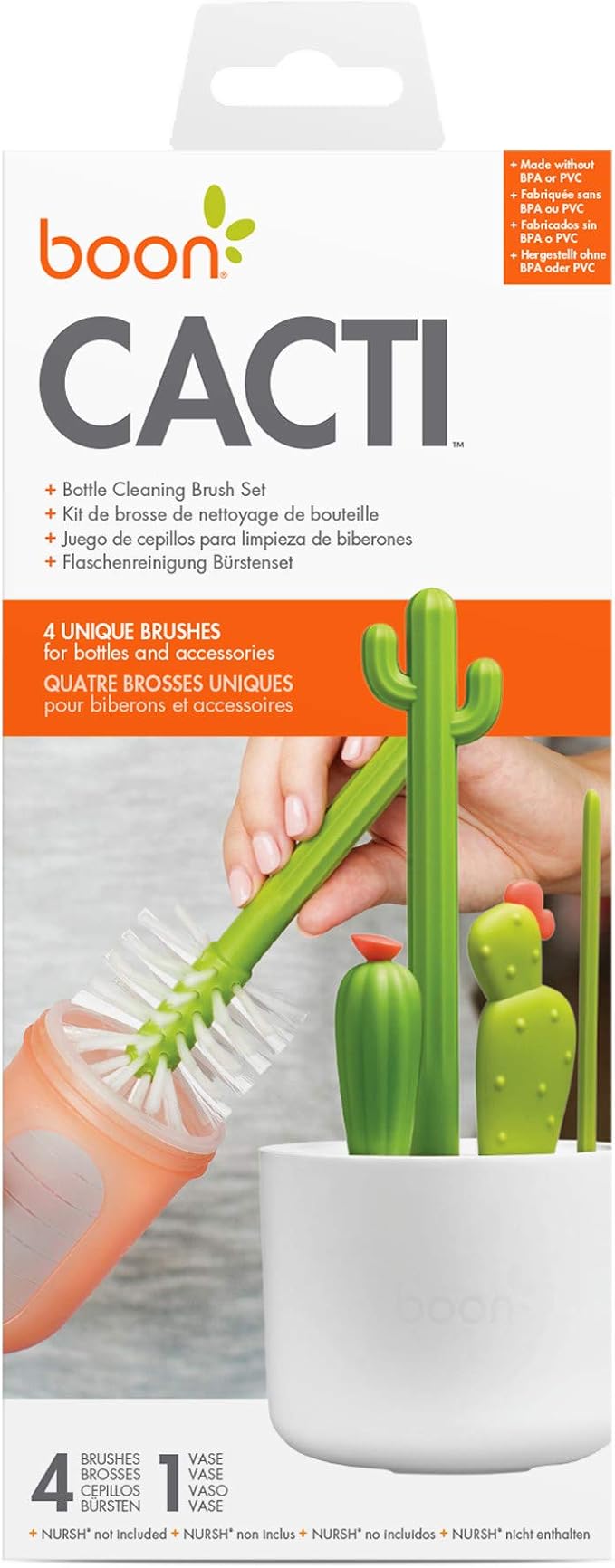Boon Cacti Bottle Cleaning Brush Set - Includes Bottle Brush, Nipple Brush, Detail Brush, and Straw Brush - Baby Bottle Brush Set for Bottle Drying Rack - Baby Essentials - 4 Count | 4-Piece Set, Bottle Brush, Straw Brush, Nipple Brush, Detail Brush, D...
