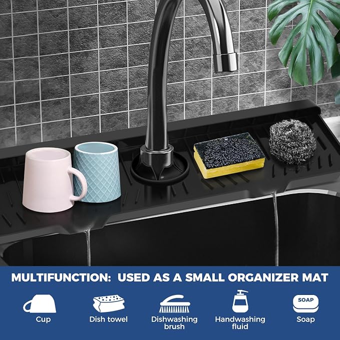 24" Splash Guard Plus Size Silicone Sink Faucet Drying Mat Handle Drip Catcher Tray Dish Sponge Holder Kitchen Accessories Protector Home Organization Gadgets Organizer