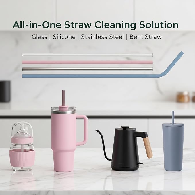 FreshNGo 4-Pack Silicone Straw Cleaner Brush for Tumbler, Pink | Reusable extra-long brushes (6mm/9mm) perfect for cleaning milkshake, metal, and glass straws