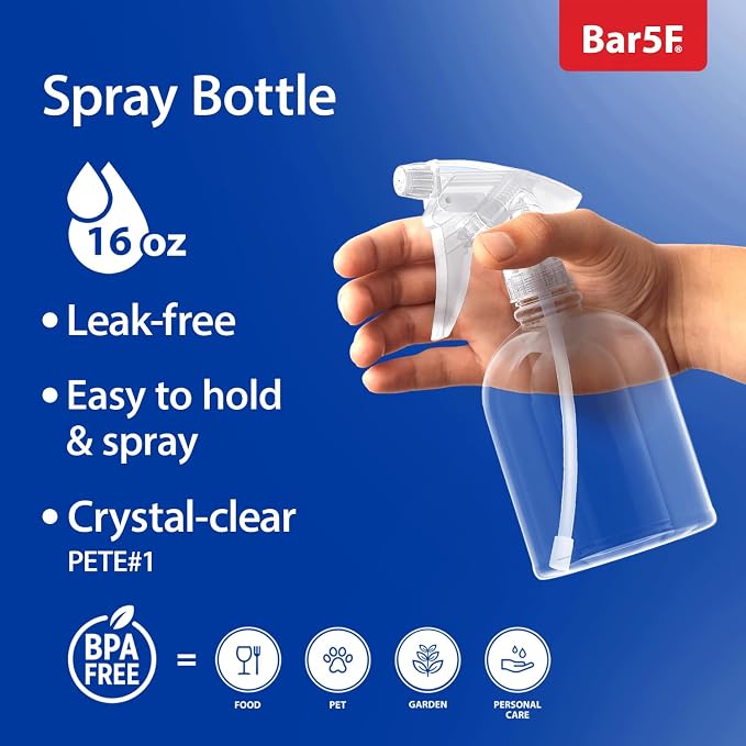 Bar5F Plastic Spray Bottle, 16 oz | Leak Proof, Empty, Clear, Trigger Handle, Adjustable Fine to Stream Output, Refillable