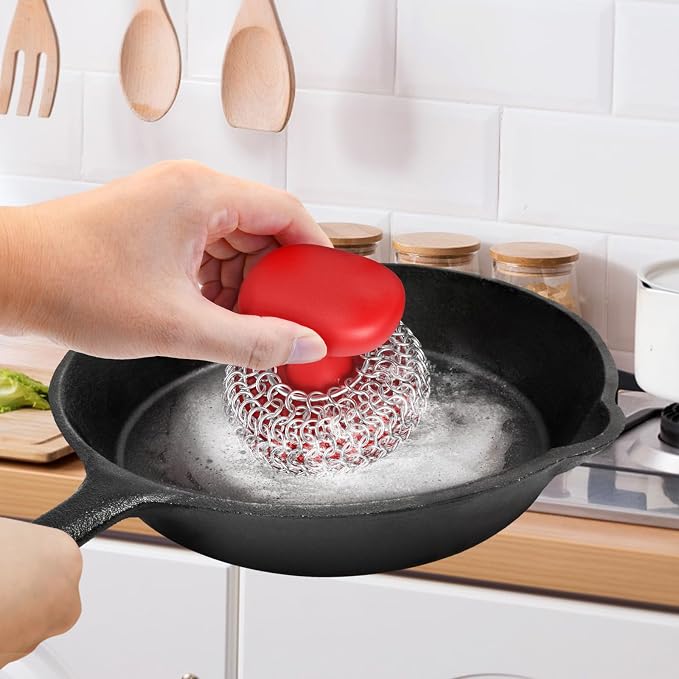 Cast Iron Scrubber Dish Scrub Brush 316 Chainmail Scrubber for Cast Iron | Dish Scouring Pad, Dishwasher Safe, Chain Mail Scrubber Cast Iron, Cleaning Kit, for Pan Skillet, Red