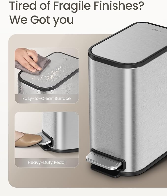 Cesun Small Bathroom Trash Can with Lid Soft Close & Pedal, 1.3 Gal, Silver | Removable Inner Bucket, Slim Stainless Steel Garbage Can for Bedroom/Office, Included 5 Trash Bags, Hidden Bag, Built to Last