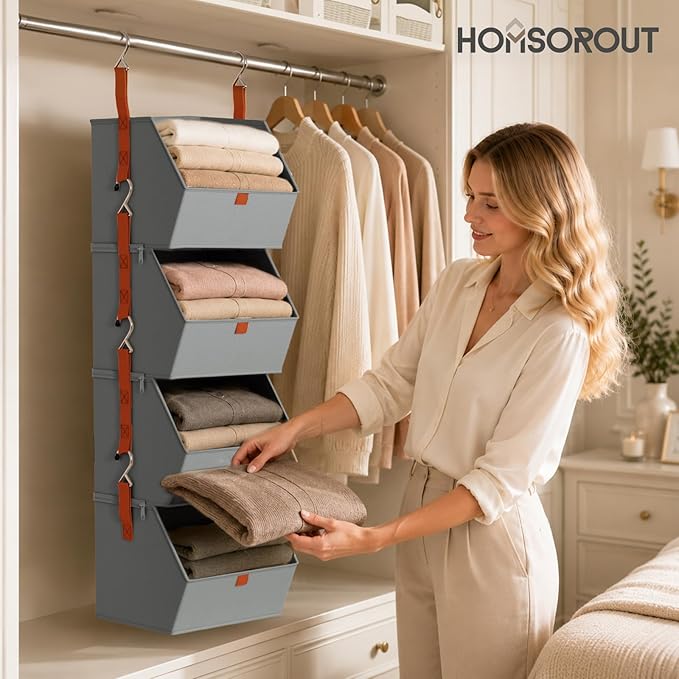 Hanging Closet Organizer 4 Tier - Clothes Hanging Shelves, Space-Saving Closet System, Fabric Storage Bins Bedroom Organization, Collapsible Baskets for Home, Dorm, Rv, Grey