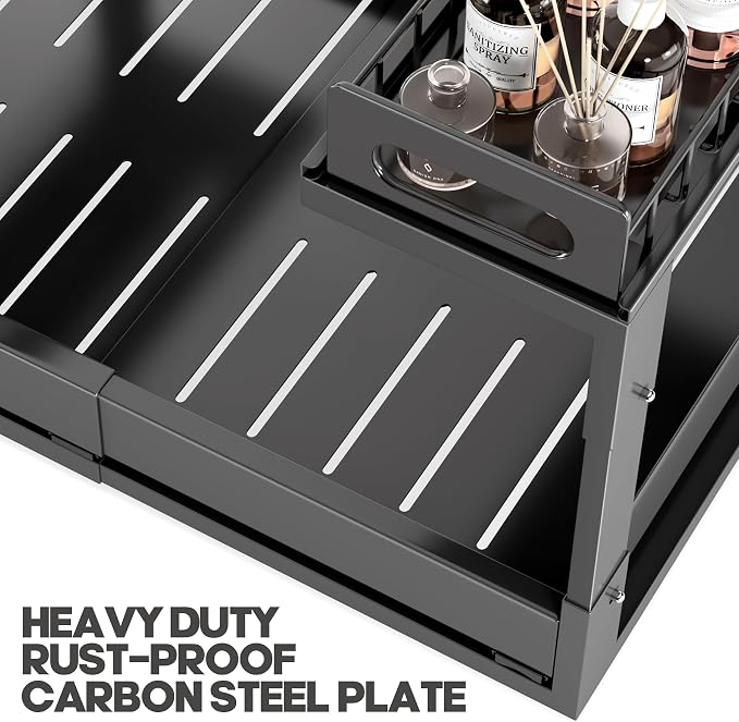 1 Pack Expandable Under Sink Organizers And Storage With Upgrade Ball-Bearing Slide Tracks,2-Tier Pull Out Under Cabinet Organizer Height Adjustable,Slide Out Under Sink Drawers-Black(Patent Pending)
