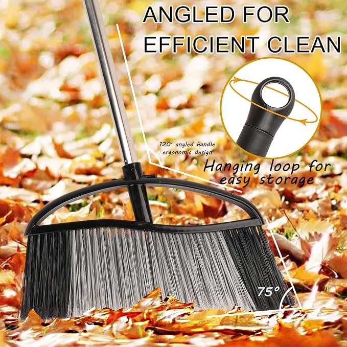 Outdoor Broom 15.7" Wide, Stiff Bristles & Long Handle for Yard | Adjustable 38-53.5" Handle, Wide Sweeping Broom Head, No-Bend Sweeping (Black)