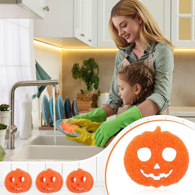 FillTouch Halloween Pumpkin 3 Pcs Scrub Sponge, Orange | 3 Pack Dual Sided for Dishes Kitchen, Non Scratch Temperature Color Changing, Soft Scrubbing Safe for Pots Pans Glassware