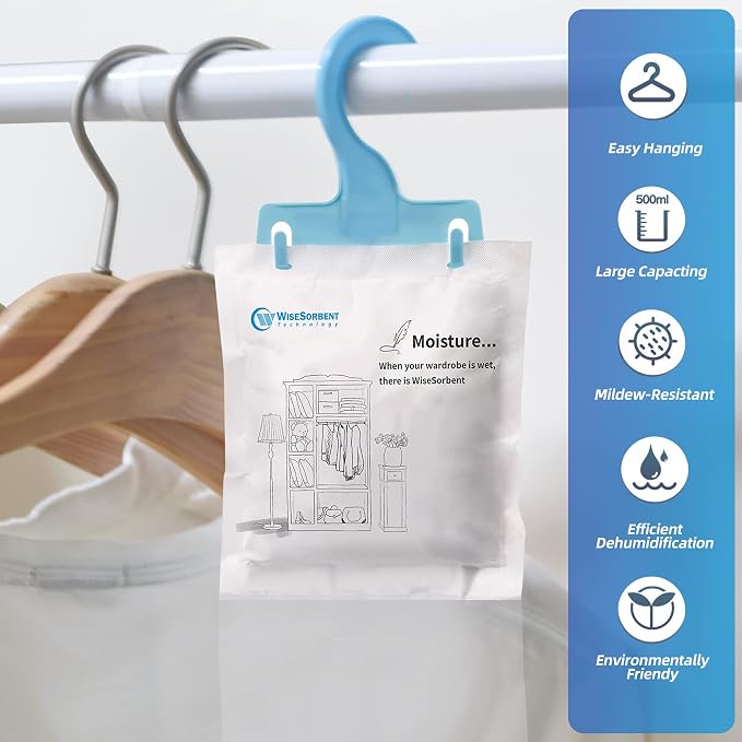 Wisesorb 12 Pack Moisture Absorbers Packets, 7 oz Hanging Closet Dehumidifier Bags, Hanging Humidity Absorber for Closet, Bedrooms, Bathrooms