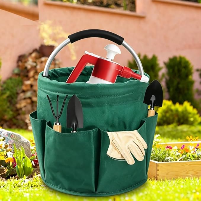 17L Waterproof Cleaning Supply Caddy 600D Foldable Storage Basket Green | Oxford Fabric Garden Tool Organizer Bag+6 Pockets Multifunctional Organiser Mop Bucket for Bathroom, Garden,Camping& Fishing