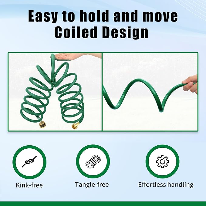 AUTOMAN Coil Garden Hose 15 ft, EVA Curly Water Hose with Brass Connectors, Recoil Garden Water Hose,Includes 7-Pattern Function Sprayer,Retractable,Corrosion Resistant Garden Coil Hose.