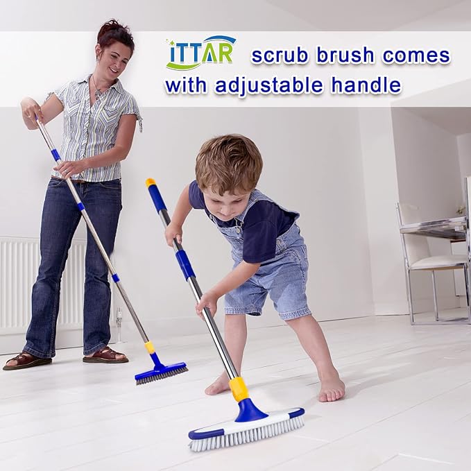 Grout & Scrub Brush Combo, Floor Scrubber with Long Handle, Multi-Purpose Stiff Bristles Cleaning Brush Set for Tile, Grout, Deck, Kitchen, Shower Floor (2 Pcs)