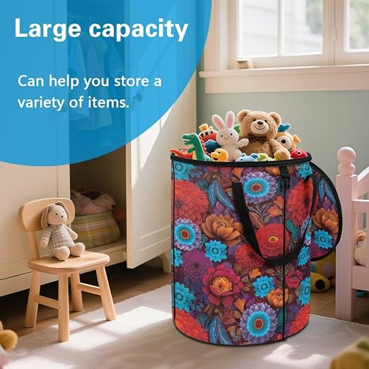 BIGCARJOB Hippie Floral Outdoor Trash Can Storage Collapsible Pop-up Recycle Trash Can 22.83x17.71 Waterproof Garbage Bin Bag with Lid and Clip