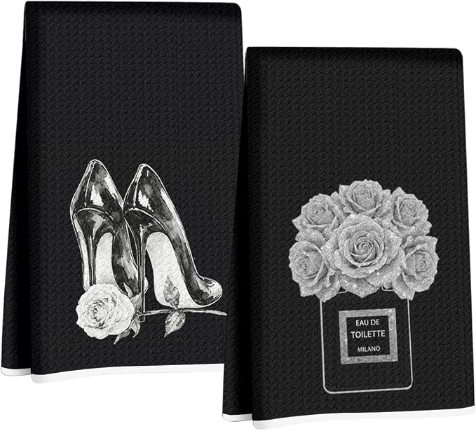 2 Pcs Black and White Hand Towels 24x14 Inch, Preppy Girly Bathroom Decor | Trendy Perfume High Heel Shoes Decorative Hand Towels for Vanity Power Room Washroom Restroom