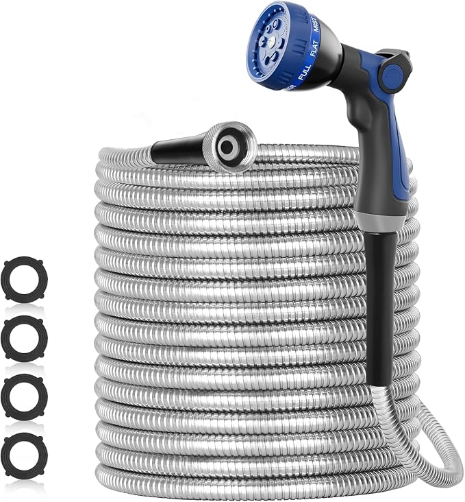 SPECILITE 125ft 304 Stainless Steel Metal Garden Hose with Blue Nozzle | Puncture Resistant, Flexible, Never Kink & Tangle, Heavy Duty Water Pipe for Yard, Outdoor, Lawn