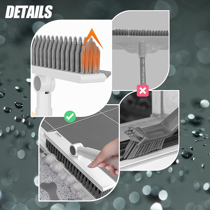 3 in 1 Floor Scrub Brush with Squeegee,27.6–57” Adjustable Thickened Stainless Steel Long Handle,180° Rotatable V-Shape Stiff Grout Brush for Bathroom Tile,Patio,Garage,Swimming Pool,Deck Wall Clean