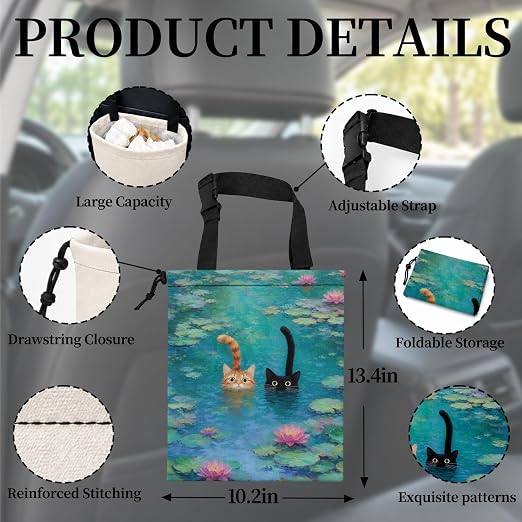 Whimsical Lotus Pond Cat Car Garbage Bag Canvas Trash Can | Orange Black Cat Lovers Gifts Drawstring Car Trash Bag Hanging for Back Seat with Adjustable Buckle