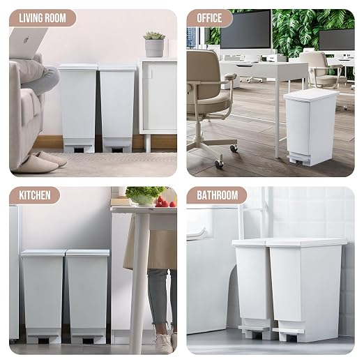 8 Gallon Trash Can With Lid and Foot Pedal, Plastic Slim Kitchen Step On Trash Can, Hands Free Recycling White Kitchen Garbage Can, Odor Block, 9 Inch Wide Trash Bin Fit For Narrow Space, 3Pack