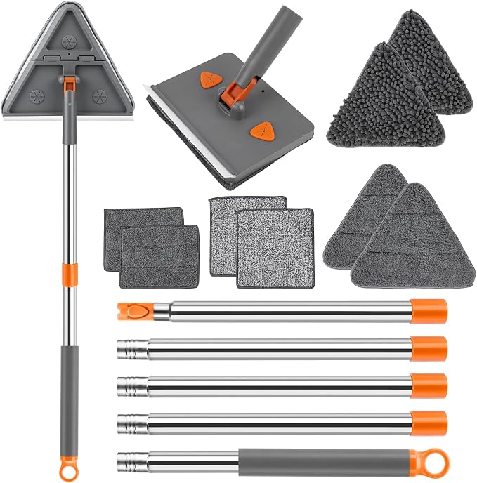 CALBEAU Baseboard Cleaner Tool with Handle, Wall Mop with Squeegee, 8 Pads | 86" Extension Pole, Swivel & Foldable Head, 8 Reusable Pads for Baseboard, Wall, Ceiling, Window, Floor, Dark Gray