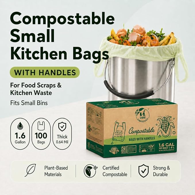 UNNI 1.6 Gallon Compostable Bags with Easy-Tie Handles, 6 Liter, 100 Count | Small Compost Bags for Countertop Bins & Kitchen Food Scraps, Certified by BPI, CMA & OK compost HOME, Meets ASTM D6400