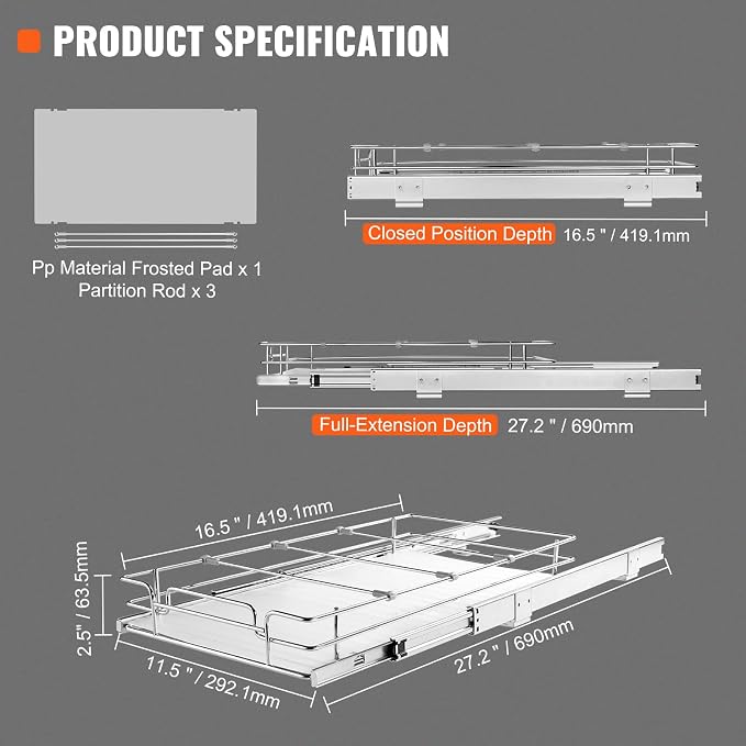 VEVOR 12.5"Wx16.5"Dx3.5"H Pull Out Cabinet Organizer, Heavy Duty Slide Out Pantry Shelves, Chrome-Plated Steel Roll Out Drawers Storage, for Home, Under Sink, 14"Wx17.5"Dx7"H Install Size for Cabinet