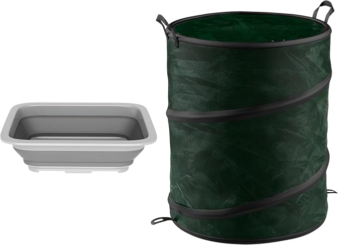 Collapsible Trash Can and Camp Sink Set - 29.5-Gallon Garbage Bin and 7-Liter Wash Basin - Camping Accessories by Wakeman Outdoors (Gray and Green)