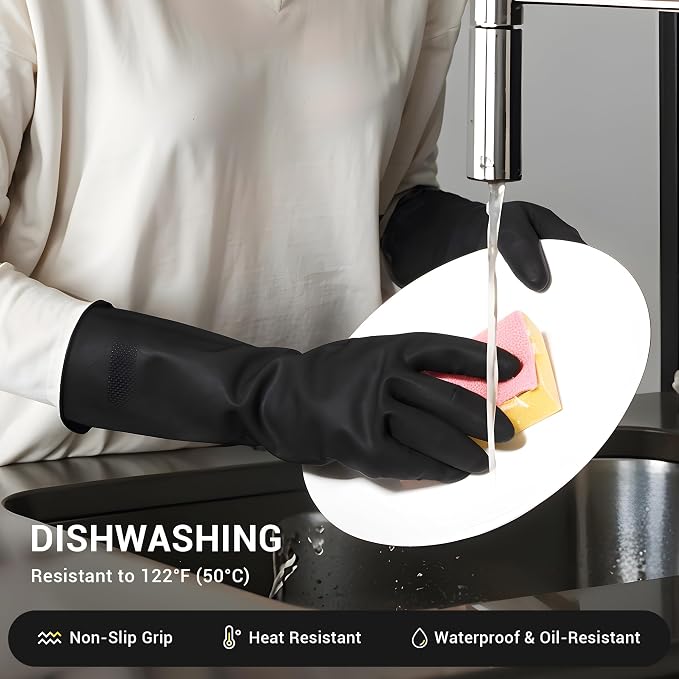 ThxToms Dishwashing Rubber Gloves, Reusable Latex, Large, Black, 3 Pairs | Cleaning Gloves for Housework Kitchen Bathroom, Durable Flexible & Anti-slip, Smooth Lining, Easy On & Off