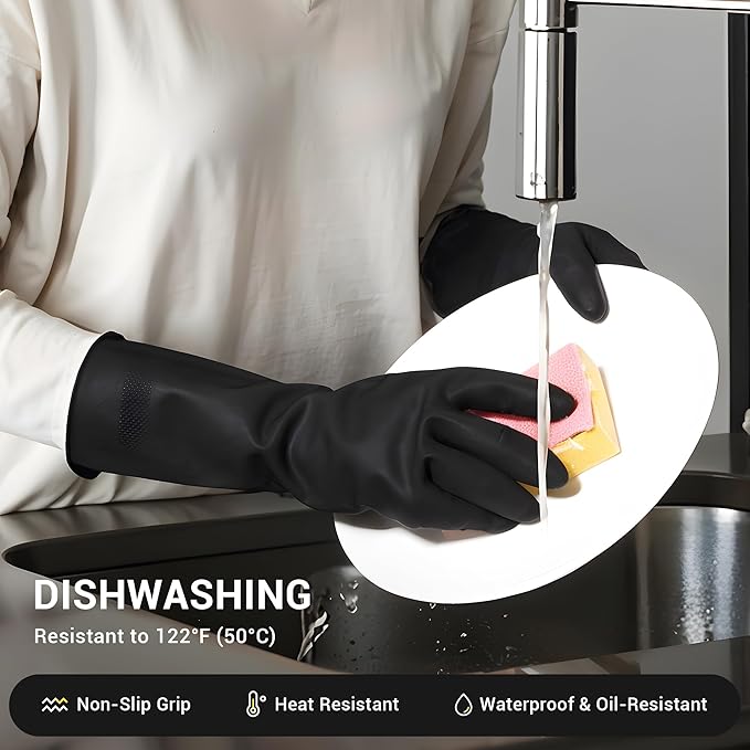 ThxToms Dishwashing Rubber Gloves, Reusable Latex, XL, Black, 3 Pairs | Cleaning Gloves for Housework Kitchen Bathroom, Durable Flexible & Anti-slip, Smooth Lining, Easy On & Off