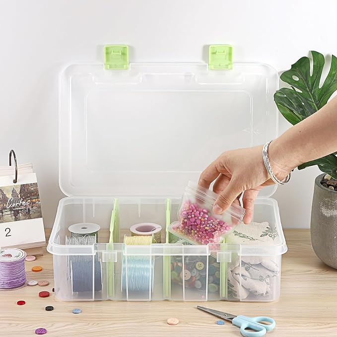 BTSKY Clear Plastic Dividing Storage Box with 4 Compartments Sewing Box | 13.3x8.1x3.4 Inches Adjustable Storage Bin with Lid Plastic Craft Storage Container Multipurpose Art Supply Organizer Green