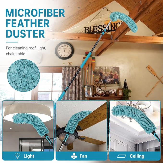 High Ceiling Duster Kit with 3-8FT Heavy Duty Extension Pole, Reaches Up to 13FT, Includes Microfiber Feather Duster, Cobweb and Ceiling Fan Duster, Window Squeegee Cleaner & Skylight Hook (8FT)