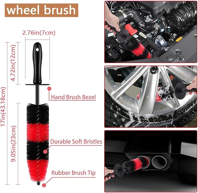 Nolimas 12Pcs Car Wheel & Tire Brush Kit,Including 17inch Long Wheel Brush,Short Handle Tire Brush,5pcs Boar Hair Detailing Brushes Kit & 3pcs Wire Brushes for Cleaning Car Wheels & Interior Exterior