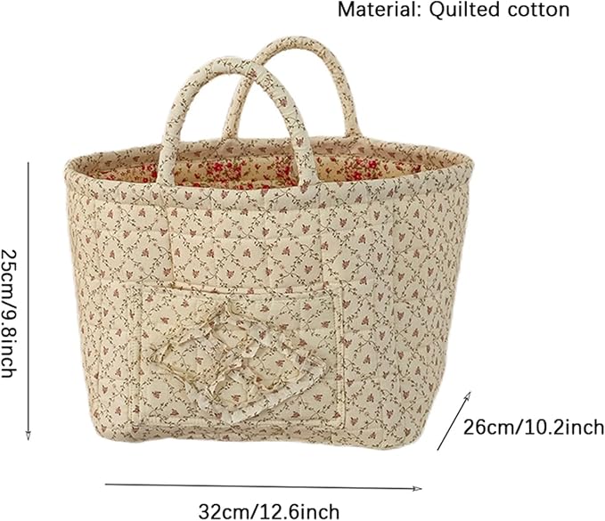 Quilted Fabric Storage Basket with Handles & Pocket, Foldable Laundry Hamper Boho Floral Print Organizer Bin for Home, Picnic, Office 12"x10"x10" (A-2)