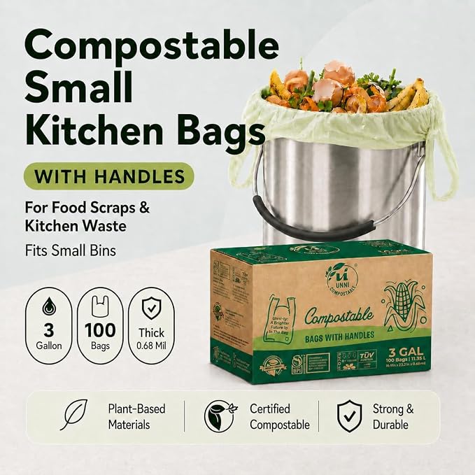 UNNI 3 Gallon Compostable Bags with Easy-Tie Handles, 11.35 L, 100 Count | Small Compost Bags for Countertop Bins & Kitchen Food Scraps, Certified by BPI, CMA & OK compost HOME, Meets ASTM D6400