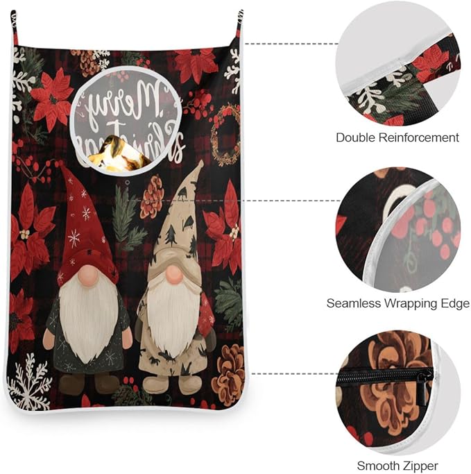 Checkered Christmas Floral Gnomes Hanging Laundry Hamper Door Hampers Bag Basket with Stainless Steel Hooks Oxford Fabric Printing Decorative Clothes Bags 29.5X20inch 2Pack